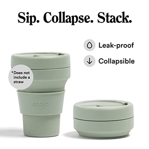 STOJO On-The-Go Collapsible Coffee Cup - 12oz / 355ml - Reusable & Foldable Silicone Travel Mug with Lid - Portable, Pocket Size - Dishwasher Safe - Sage — view 2