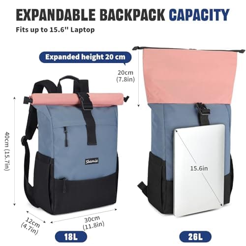 Sheonie Roll Top Backpack for Men Women, Expandable Laptop Backpack Fits 15.6 Inch with USB Charging Port, Large Water Resistant Rucksack School Bookbag for Travel Work Business Camping (Pink) — view 2
