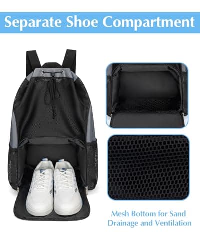 GreenTaya Drawstring Backpack Sandproof Beach Backpack with Shoe Compartment & Wet Pocket Waterproof Mesh Swim Bag Pool Bag for Gym, Travel and Workout Gear (Grey) — view 3