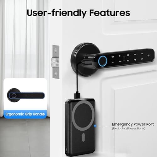 Fingerprint Door Lock, Smart Door Handle Lock with Keypad, Biometric Keyless Entry Door Knob for Home Office, Aluminium Alloy, Password IC Card Key, Type-C Emergency Power, Low Battery Alarm, Black — view 3