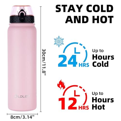 OLDLEY Stainless Steel Water Bottle with Straw 1L Vaccum Insulated Large Drink Flask Metal Water Bottles 1 litre Leakproof Keep Drinks Hot Cold for Bike Camping Sports Gym Adult Women Men(Pink, 1 Lid) — view 3