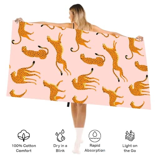 Large Quick Dry Microfibre Beach Bath Towel for Adult,Double Sides Pink Leopard Sand Free Beach Towel with Bag,Lightweight Gym Yoga Sports Towel,Compact Travel Summer Beach Towel for Women Men — view 4
