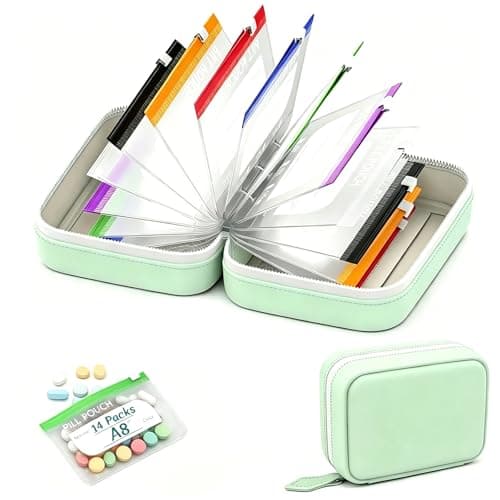 A8 Waterproof Pill Organiser Pouch Set with 14 Color Pill Pouches, Large Weekly Travel Pill Pouch Organizer, 7–14 Day Portable Reusable Medicine Storage Binder Design Zippered Pill Storage (Green)