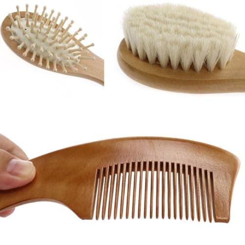 SOIMISS Bath Brush and Comb Kit for Home and Travel, Beech Handle and Wool Material, Promotes and Removes Newborn Scalp Residue, Healthy Bathing Accessory for Boys — view 3