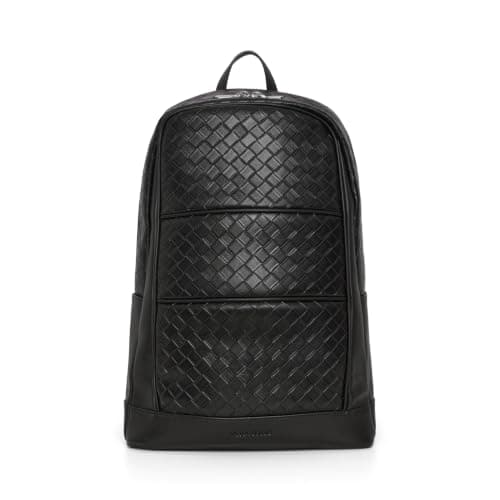 Vera Losso Laptop Backpack Premium Luxury Vegan Leather Half Woven Business Backpack, Travel & Work Rucksack with Silver Hardware, Black, 30 x 46 x 14 cm