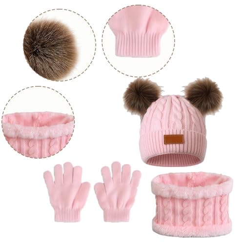 SSKHE 3Pcs Kids Winter Warm Beanie Hat Scarf Gloves Set for 1-5 Years Old Boys Girls. Winter Accessories Sets for Children Outdoor Sports, Knit Thick Warm Fleece Lined Thermal Sets (Pink2) — view 3