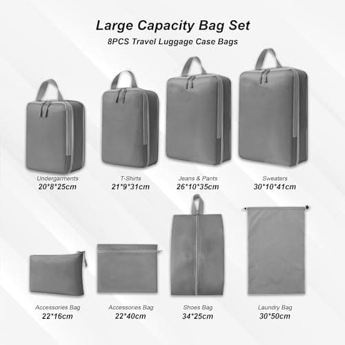 White Hawk 8-Pcs Compression Packing Cubes for Suitcases – Waterproof Diamond Polyester, No Mesh, Space-Saving Luggage Organiser, Travel Bags for Suitcases, Backpacks & Carry-Ons (Gray) — view 3