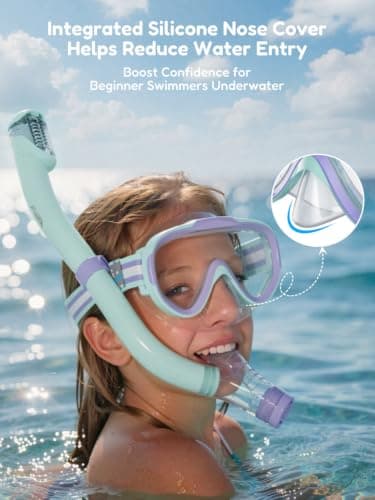 ACURE Kids Swim Goggles for Boys Girls Ages 3-14, Anti-Fog Snorkel Mask Set with Nose Cover and Fabric Strap Children Diving Mask in Swimming Pool for Youth (Pink & Mint/Purple, Mask & Snorkel Set) — view 2
