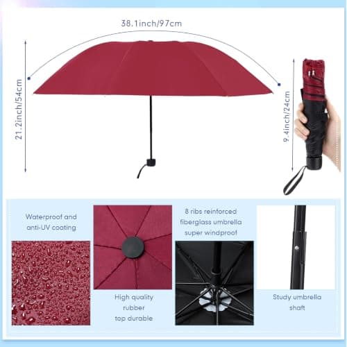 Silkfly Bulk Folding Umbrellas for Rain Sun Burgundy‌ 12 Pack — view 2
