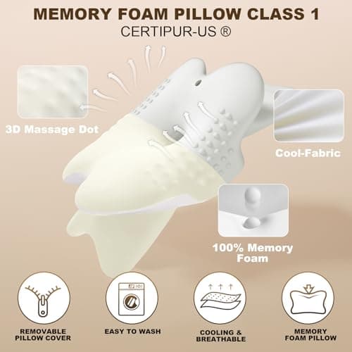 Asbtos Memory Foam Pillow - Cervical Pillows for Neck and Shoulder, Ergonomic Neck Support Pillow with Washable Cooling Ice Silk Cover for Side Back Stomach Sleepers, Beige — view 4
