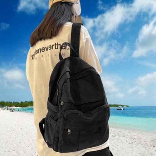 GAMLFL Canvas Backpack for Women Retro Aesthetic Rucksack Basic Backpack for High School/College Students Travel Laptop Bag, Black, 5.6 x 13.3 x 16.2 inches, Travel Backpacks — view 2