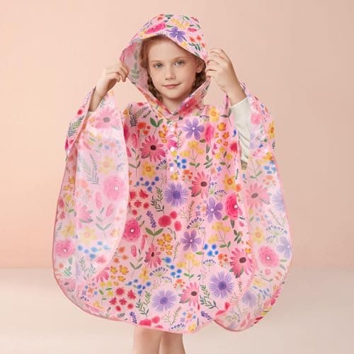 WAWSAM Kids Poncho Waterproof - Flower Rain Poncho for Girls - Lightweight Hooded Raincoat with Storage Bag - Portable Rainwear for School & Travel — view 2