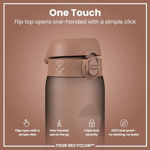 Ion8 Sports Water Bottle, 750 ml/24 oz, Leak Proof, Easy to Open, Secure Lock, Dishwasher Safe, BPA Free, Flip Cover, Carry Handle, Soft Touch Contoured Grip, Easy Clean, Odour Free, Mocha Mousse — view 3