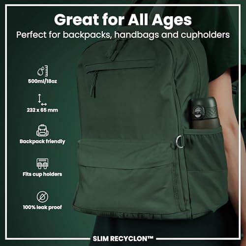Ion8 Water Bottle, 500 ml/18 oz, Leak Proof, Easy to Open, Secure Lock, Dishwasher Safe, BPA Free, Hygienic Flip Cover, Carry Handle, Fits Cup Holders, Easy Clean, Carbon Neutral, Dark Green — view 2