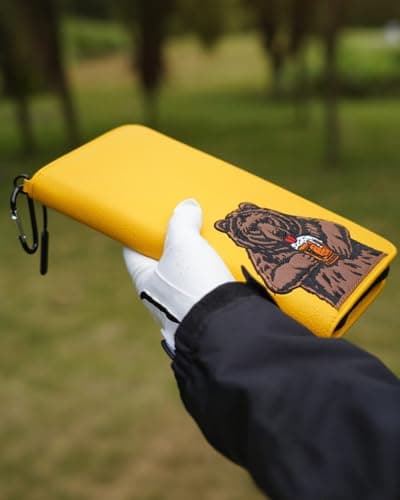 LZFAN Golf Glove Holder Case for Accessories Portable Golfer Gifts for Men & Women Caddy Organizer Case with Storage Slots for Cards, Tees & Ball Markers Embroidered Beer Bear, Yellow — view 5