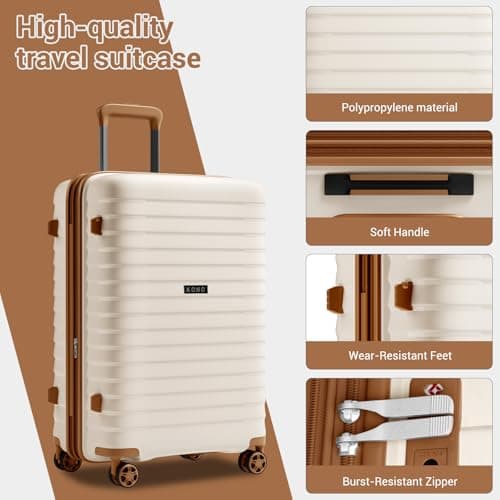 Kono 20 Inch Expandable Cabin Suitcase with Cup Holder & Side Hook, Lightweight PP Hard Shell Carry On Luggage for Short Trips, Airline Approved Small Travel Case (Cream) — view 4