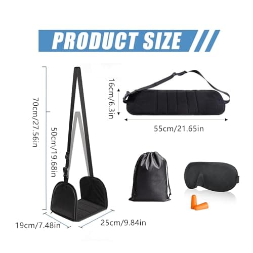 Satiskid Adjustable Foot Hammock for Flight with Removable Support Plate & Sleep Kit (Eye Mask + Earplugs) | Ergonomic Leg Rest for Long Haul Flights, Office & Travel | Includes Drawstring Storage Bag — view 2