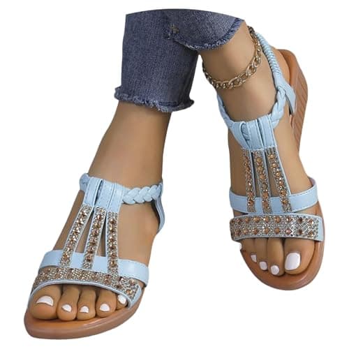 DFSDJEUW clearance today Womens Sandals Wide Fit Comfortable Slip on Wedge Shoes Casual Open Toe Orthopedic Slide Lightweight Summer Cushion Plantar Fasciitis summer sandals women size 7 Light Blue 7 — view 2