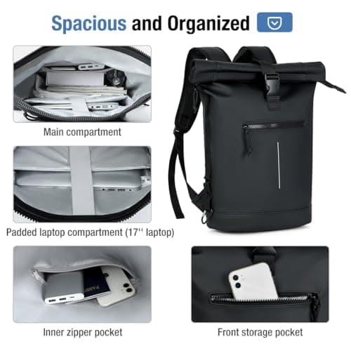 Lekeinchi 17-Inch Waterproof Laptop Backpack for Men and Women - Roll Top Design for School, Travel, Business, Work, and Camping(Black) — view 4
