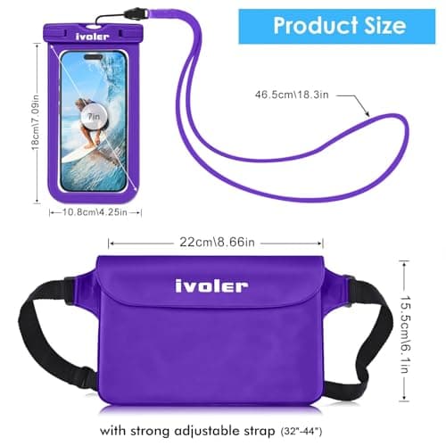 ivoler [2 Pack Waterproof Phone Case & Pouch Set, IPX8 Dry Bag with Waist Strap for Beach, Swimming, Kayaking, Fits iPhone 17 16 15 Pro Max, Samsung S26 S25 Ultra, Up to 7.0" - Deep Purple — view 2