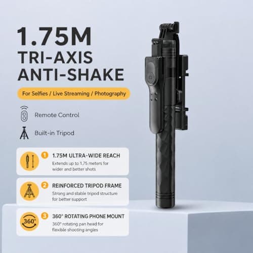 Selfie Stick Tripod For Phone,175cm Aluminum All in One Extendable Tripod For Smartphone,With Wireless Remote, Anti-Shake Base, 360° Rotation, Portable Travel Tripod for iPhone/Samsung/Android/Camera — view 2