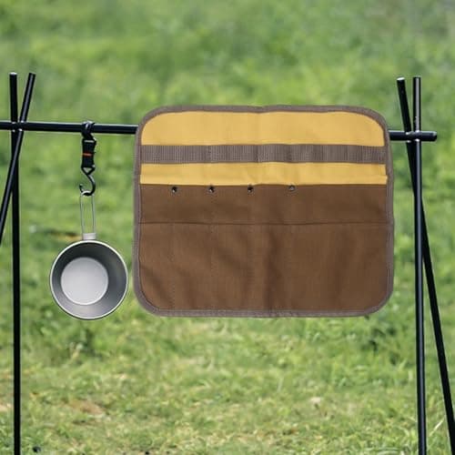 MIKMLYZE Canvas Camping Utensil Bag, Multi Pocket Storage Holder for BBQ Tools, Portable Roll Pouch for Outdoor Cooking, Picnic and RV Travel Gear, Brown — view 3
