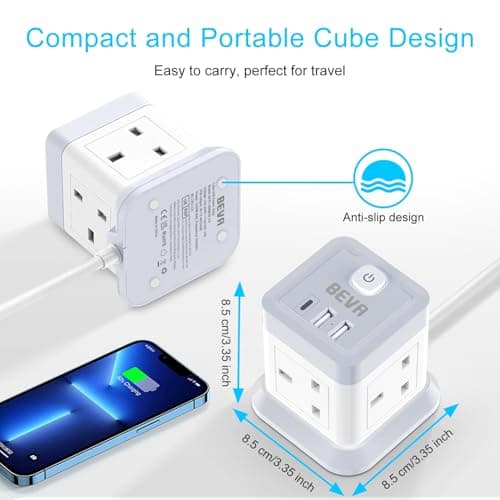 3M Extension Lead Cube With USB, BEVA 4 Gang Extension Socket With 3 USB Ports, Power Strip With Switch Multi Plug Extension with 3 Metre Long Cable For Home Office Travel — view 5