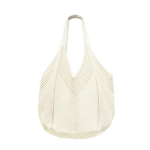 Aucuu Women Knitted Handbags, Retro Hollow Woven Shoulder Bags, Boho Shoulder Bag, Crochet Mesh Tote Bag, Beach Bag for Women, Travel Shopping Handbag for Holiday, Daily Work, Shopping, Travel-White