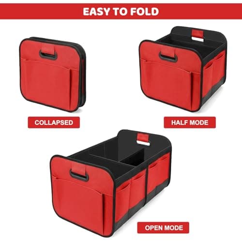 Car Boot Organiser - Foldable Car Boot Bag Car Trunk Organizer Storage Collapsible Trunk Organizer for most Cars, Waterproof Multi-Compartment Collapsible with Reinforced Base, Strong Handles(Red) — view 3