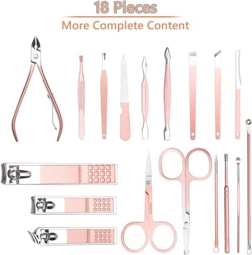 URAQT Nail Clippers, 18 pcs Manicure Pedicure Set, Nail Scissors Cuticle Remover for Men Women, Stainless Steel Nail Care Grooming Kit with Leather Case for Travel & Home — view 3