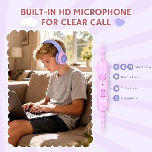 Cowyawn USB Type C Kids Headphones, Kid Wired Headphones with Mic/LED Light — view 6