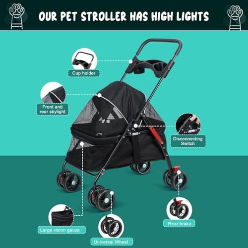 Pet Stroller, 4 Wheels Dog Buggy Cat Stroller, Outdoor Travel Pet Folding Strollers, Dog Cat Cage Strollers with Cup Holder, Breathable and Visible Mesh for Medium Small Dogs (Black) — view 4