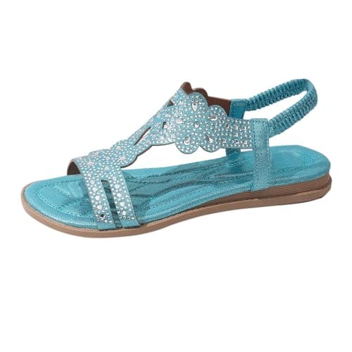 Women's Flat Sandals Summer Bohemian Sparkly Sandals Women Wide Fit Floral Beach Thong Sandal Casual Orthopedic Strap Slide Sandal with Rhinestone Soft Sole Comfortable Sandal (Blue #4, 6)