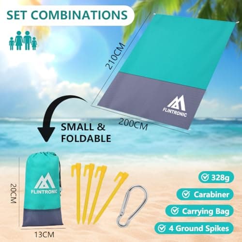 flintronic Beach Blanket Sandproof, Beach Mat Sand Free, Large Picnic Blanket Waterproof, 210 x 200cm, for 4-6 Adults, for Camping, Hiking, Beach, Picnic — view 2