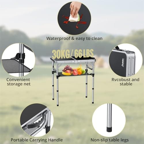 Anbte 2ft Folding Camping Table with Storage Net, 3 Adjustable Heights Small Folding Table, Lightweight and Portable, with Carry Handle, for Camping, Fishing, Picnic, Beach,Outdoor,Silver — view 4