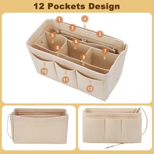 Handbag Organiser Insert with Multiple Compartments & Zips, Beige Multi-Pocket Felt Tote Bag Organisers, 27x16x15cm Large Capacity Storage Pouch, Women Travel Makeup Organizer for Cosmetic Toiletry — view 6