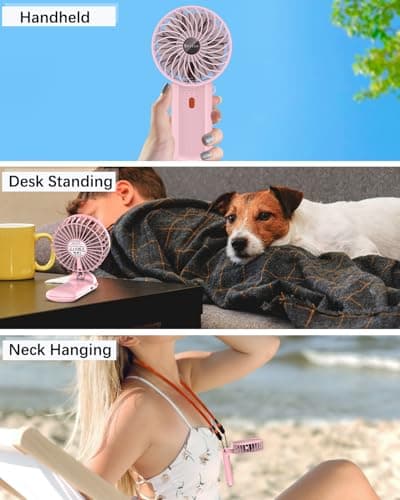 2 Pack Portable Fan Handheld Fan with Neck Lanyard, Battery Operated Electric Powered USB Rechargeable Fans, 6-15H Cooling, 180° Foldable 4 Quiet Speeds Mini Fans for Travel Outdoor Home Office, Pink — view 3