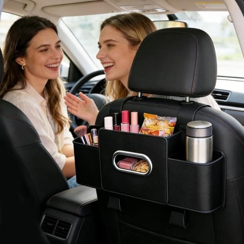 Leather Backseat Storage Box- Spill-Proof Seat Hanging Organizer, Snack & Drink Travel Pouch, Charger & Electronics Pocket, Van & Road Trip Utility Accessory | Sleek Interior Protection For Car Travel — view 3