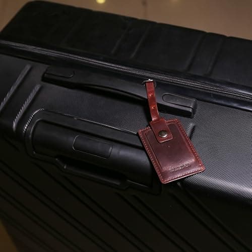 Sassora Genuine Leather Luggage Tag for Suitcases & Bags | Name ID Card Holder with Secure Buckle Strap & Privacy Flap | Travel Identifier for Men & Women (Dark Brown) — view 4