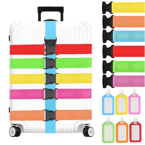 12-Piece Set, Luggage Straps for Suitcases, 5cm x 165cm, 6 Pack 5cm Wide Suitcase Straps with 6 Colorful Luggage Tags, Strong Hold Durable Travel Straps for Secure Packing