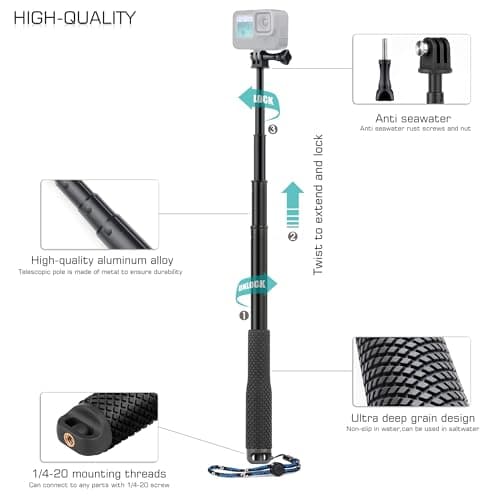 GEPULY Waterproof Selfie Stick for GoPro/DJI/Insta360/AKASO Action Cameras — view 3