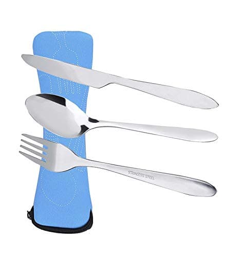 Prettyui Silverware Cutlery Set Stainless Steel with Organizer Bag Travel Camping Flatware Dinnerware Tableware Kit with Storage Lunch Box for Picnic School Knife Fork Spoon Set Blue Case（3 Pack）