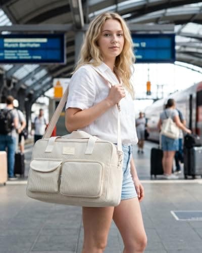 Micmores Ryanair Cabin Bags 40x20x25, Underseat Travel Duffle, Corduroy Aesthetic Weekender Sport Gym Tote Mum Hospital Bags for Women with Trolley Sleeve & Wet Pocket (Beige) — view 2