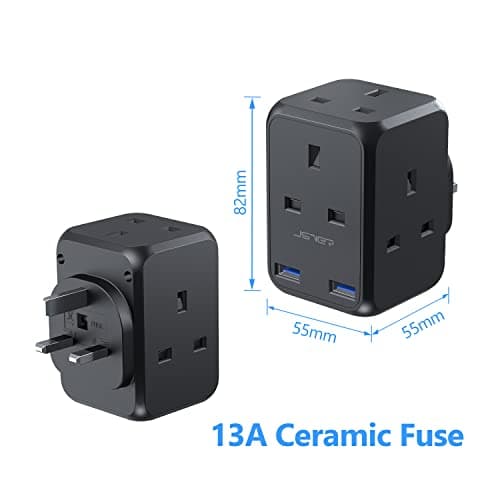 JSVER Plug Adapter USB with 4 Way Sockets 13A Cube Extension Plug Plug Extension Wall Socket Wall Plug Extender for Home, Office Black — view 5