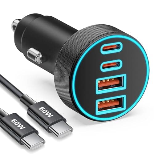 90W 4-Port USB C Car Charger & Cable for iPhone 17 16 15 Samsung S26/S25