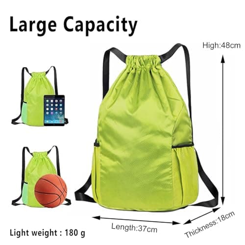 Toced Drawstring Bag, Unisex Large Sports Backpack String Drawstring PE Bags, Sport Gym Sack have Two Side Pockets, Travel Beach Swim School Bag with Waterproof (Green) — view 2