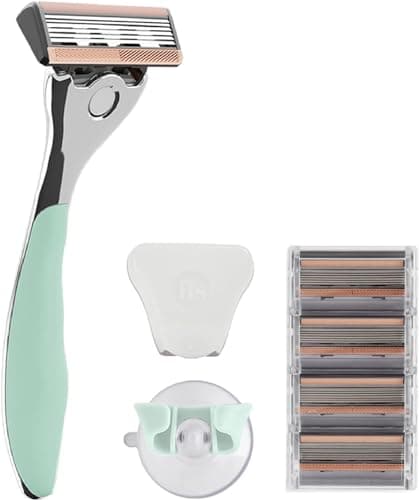 FFS Beauty Starter Shaving Set for Women - Premium Customised Metal Razor Handle with Personalised Engraving, Shower Holder, Travel Pouch, 4 SmoothGlide 6-Blade Cartridges (Olive)