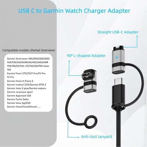 2-Pack Universal USB-C to Garmin Watch Charger Adapter, Type C Connector Replacement Fast Charging Docks Portable Charger Cable with Anti-Loss Lanyard Compatible for Garmin Smart Watch (Silver) — view 2