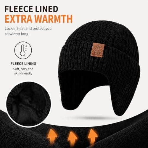 Beanie Hat Men with Ear Covering, Winter Hats for Men, Wooly Style Cap, Thermal Hat Mens Fleece Lined, Warm Ribbed Knit Headwear for Outdoor Travel & Daily Wear Black — view 5