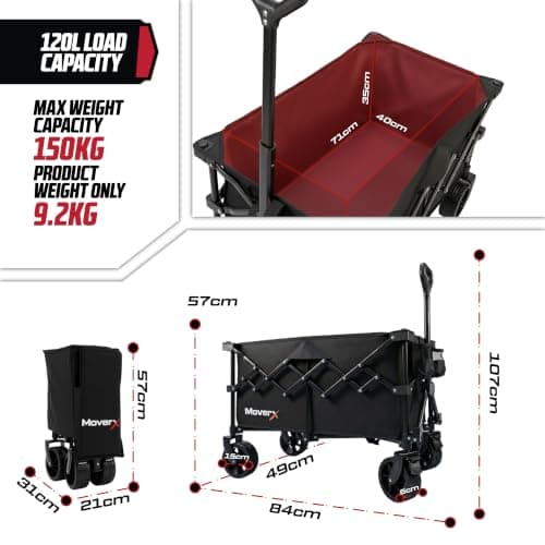 MoverX 120L Festival Trolley on Wheels, Folding Wagon, Portable Camping Cart, Collapsible Foldable Trolly for Beach Outdoor Garden Picnic Shopping Fishing, Wide Wheels, Adjustable Handle, Black — view 3